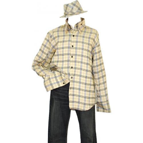 Manzini Tan With Black / White Plaid And Wine Windowpanesl Long Sleeves Shirt With French Cuff and Matching Hat MZT-14